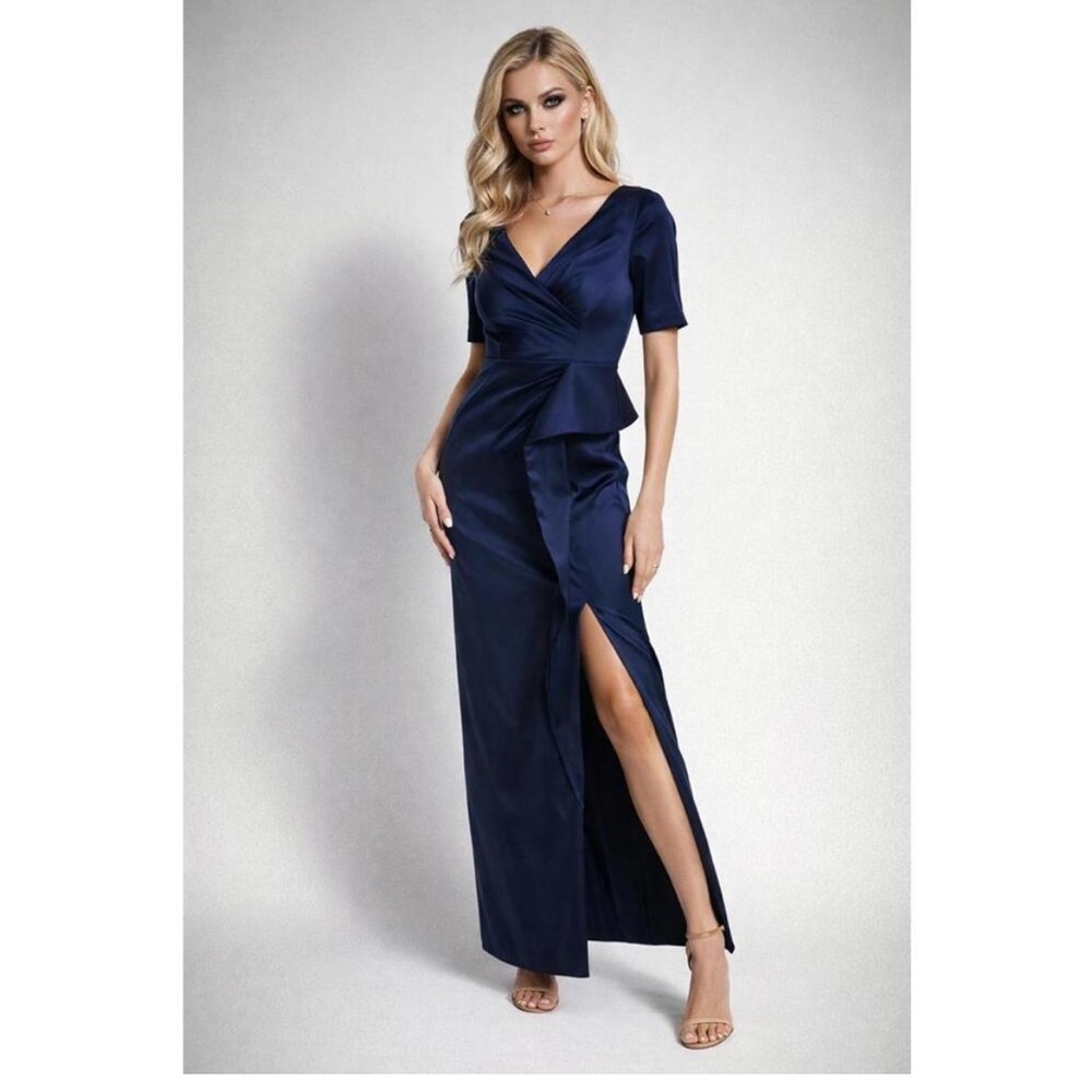 Aidan Mattox Navy Floor-Length V-Neck Gown Pleated Wrap SZ 2 NWT MOB Mikado GALA